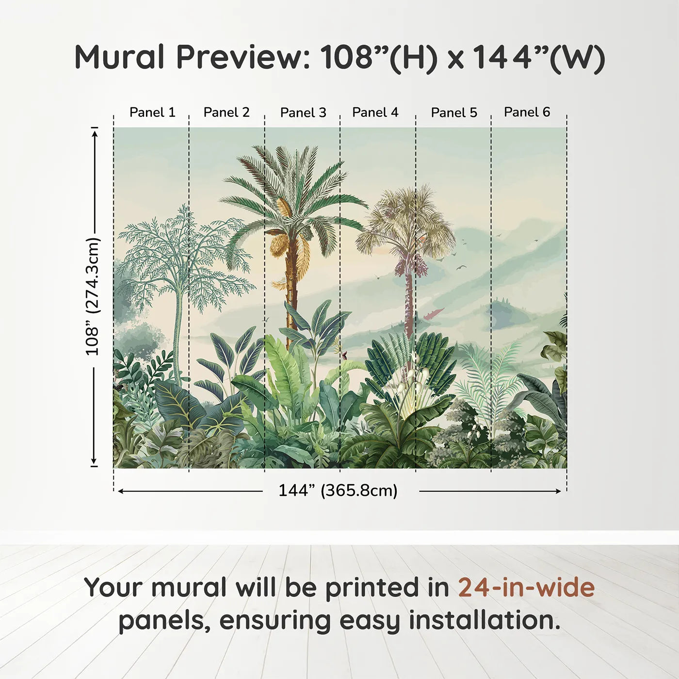 Whimsy Tots Misty Tropical Panorama Wall Muraldimension view (108" H x 144" W). Printed in six 24-inch-wide panels. Gender-Neutral