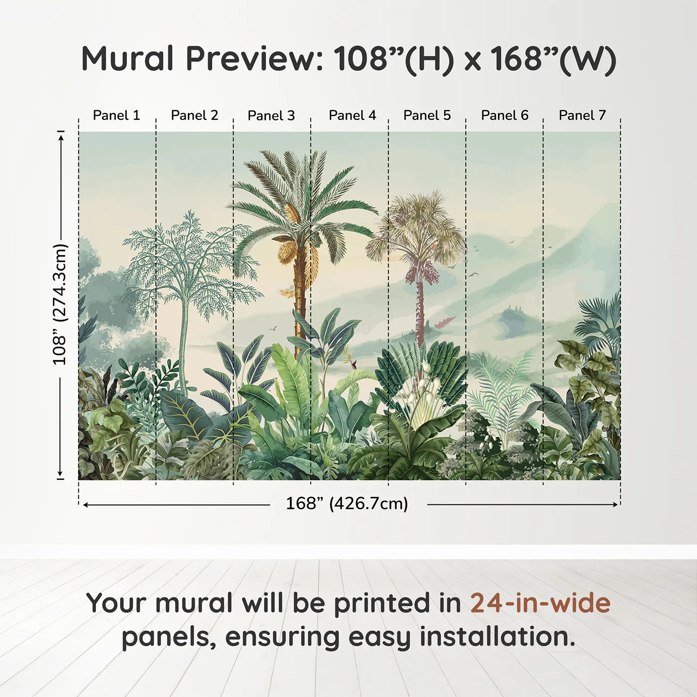 Whimsy Tots Misty Tropical Panorama Wall Muraldimension view (108" H x 168" W). Printed in seven 24-inch-wide panels. Gender-Neutral