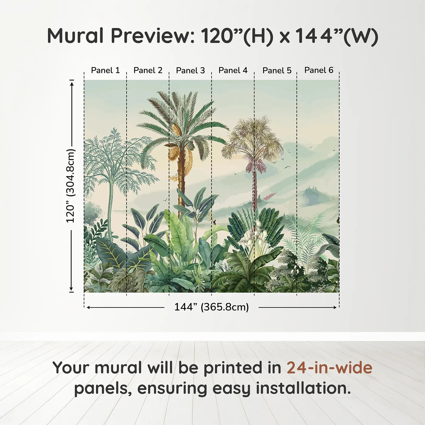 Whimsy Tots Misty Tropical Panorama Wall Muraldimension view (120" H x 144" W). Printed in six 24-inch-wide panels. Gender-Neutral