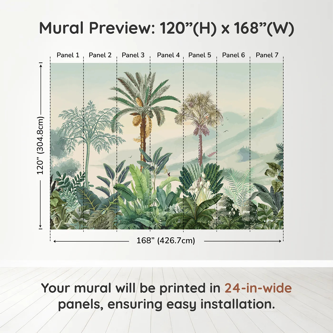 Whimsy Tots Misty Tropical Panorama Wall Muraldimension view (120" H x 168" W). Printed in seven 24-inch-wide panels. Gender-Neutral