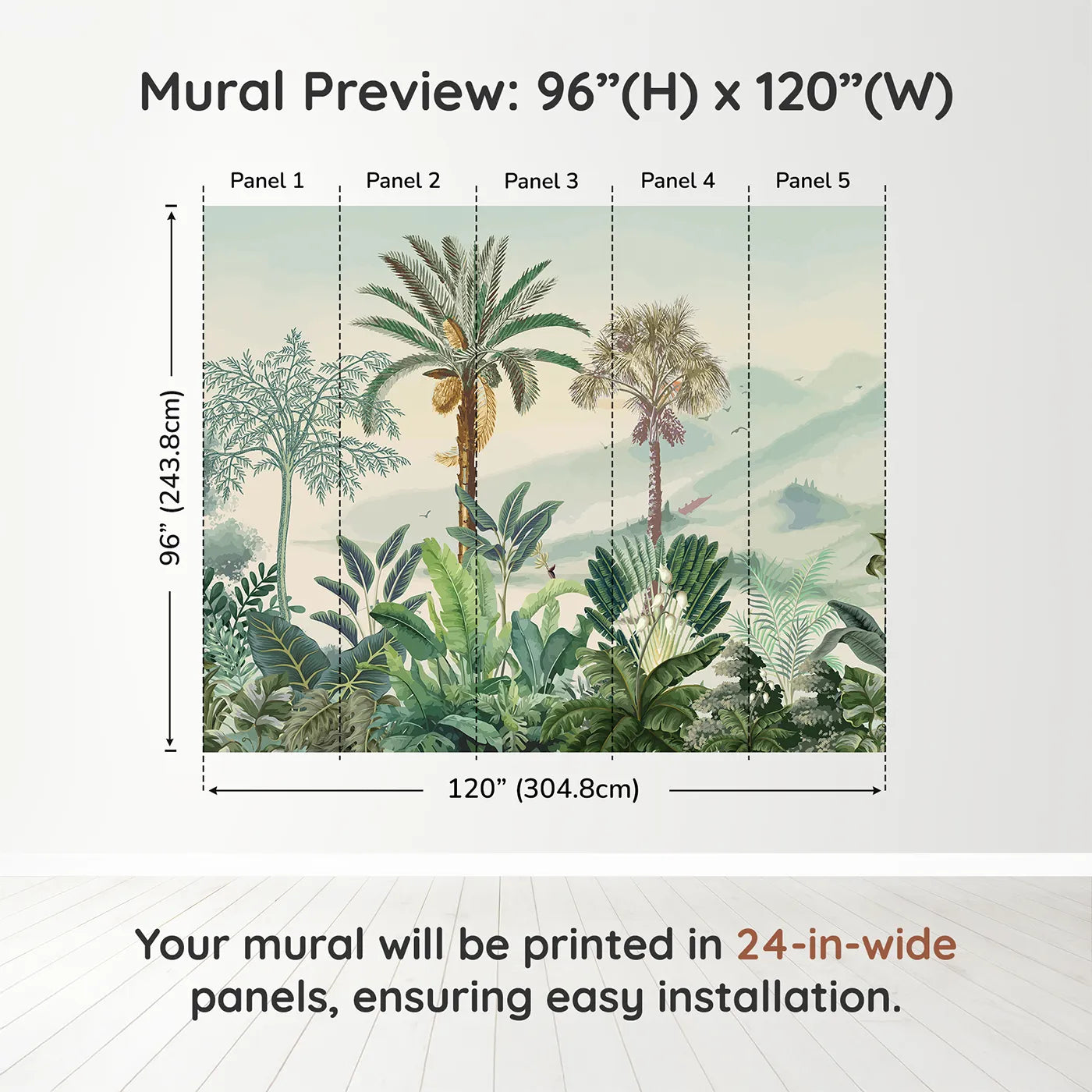 Whimsy Tots Misty Tropical Panorama Wall Muraldimension view (96" H x 120" W). Printed in five 24-inch-wide panels. Gender-Neutral