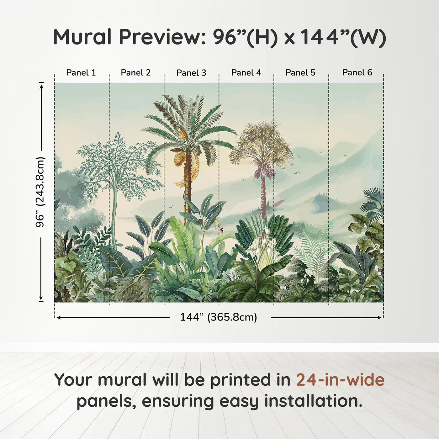 Whimsy Tots Misty Tropical Panorama Wall Muraldimension view (96" H x 144" W). Printed in six 24-inch-wide panels. Gender-Neutral