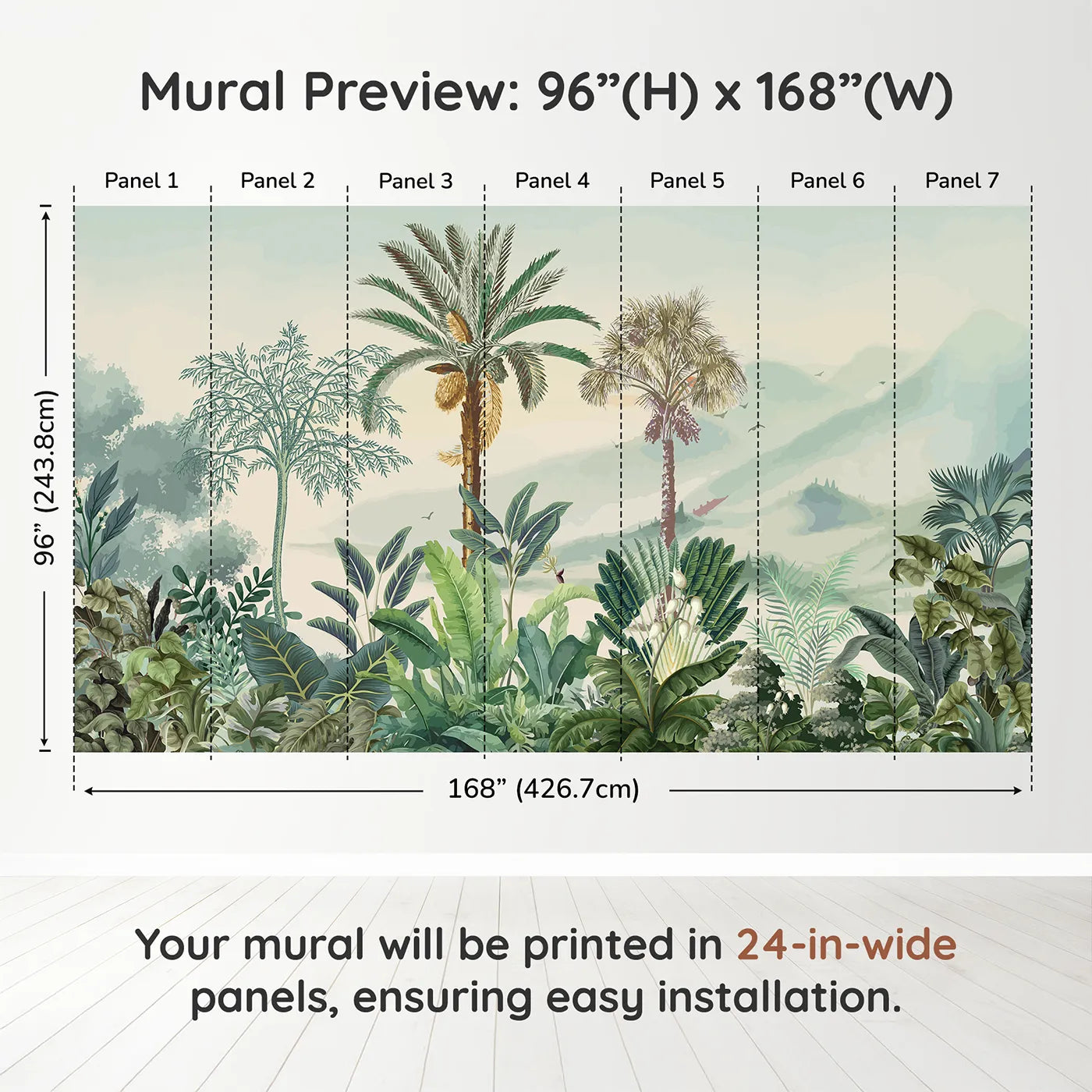 Whimsy Tots Misty Tropical Panorama Wall Muraldimension view (96" H x 168" W). Printed in seven 24-inch-wide panels. Gender-Neutral