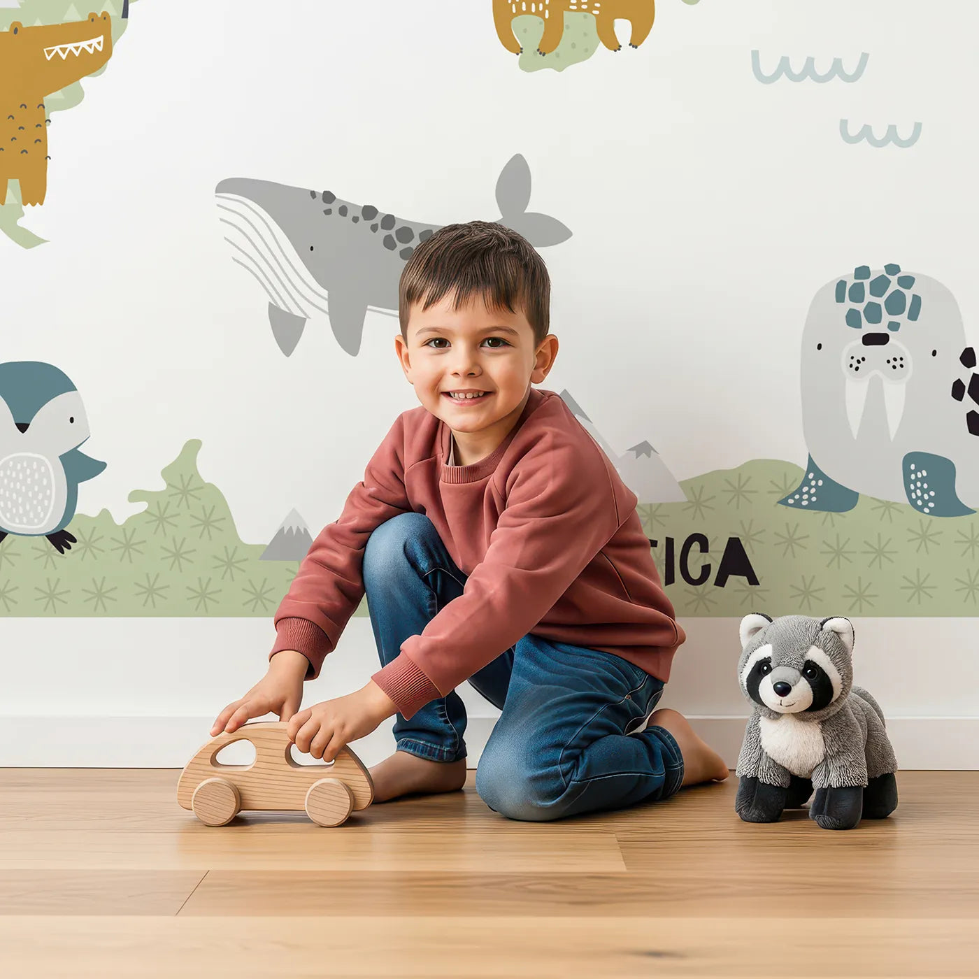 Child in front of Whimsy Tots Scandinavian Animal World Map Wall Mural with map, world, animal, scandinavian, modern, black and white, educational, cute in design.