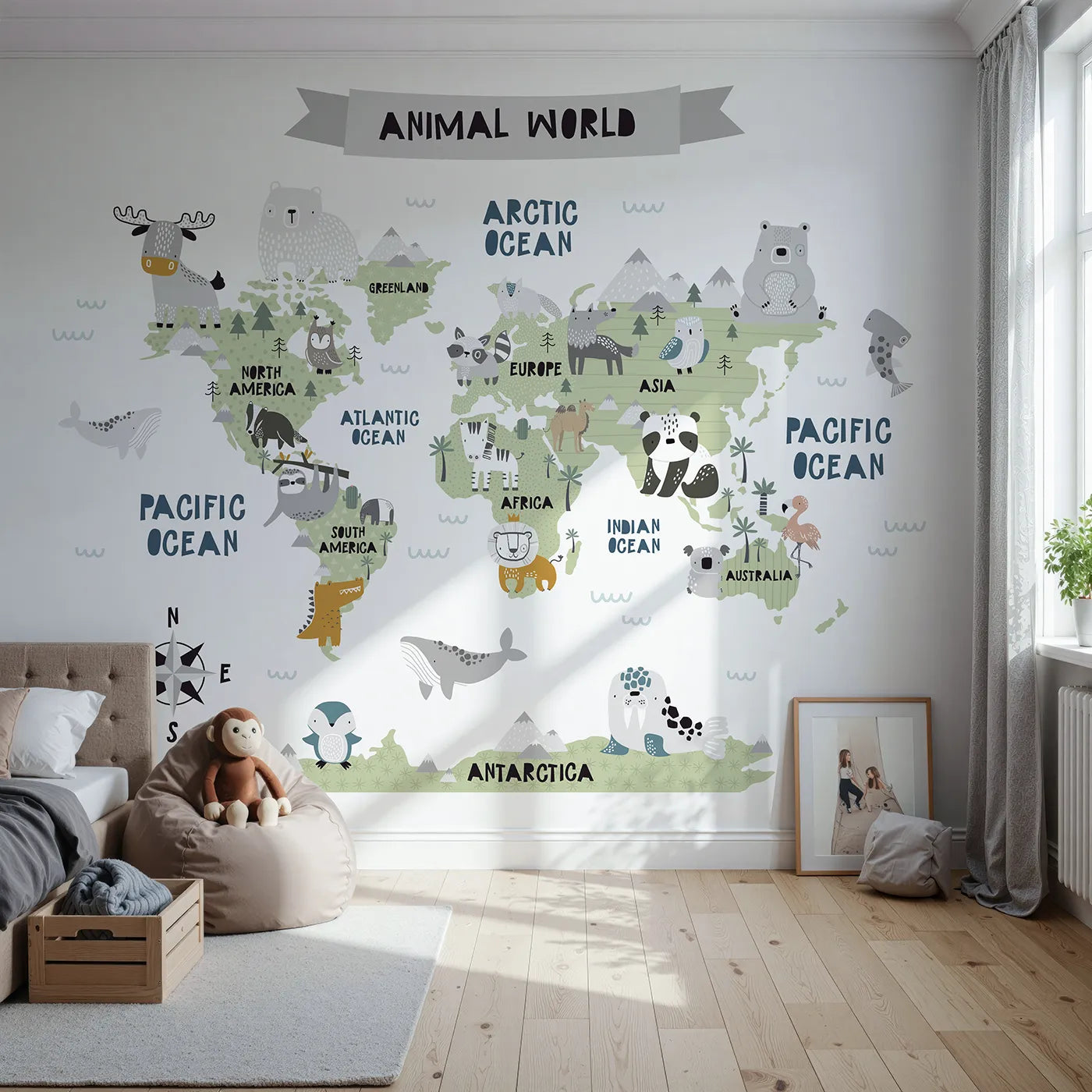 Front view of Whimsy Tots' Scandinavian Animal World Map Wall Mural