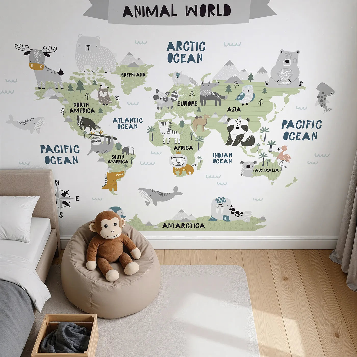 Top-down view of Whimsy Tots' Scandinavian Animal World Map Wall Mural (Turn Their Room into a Stylish, Modern Global Tour).Gender-Neutral