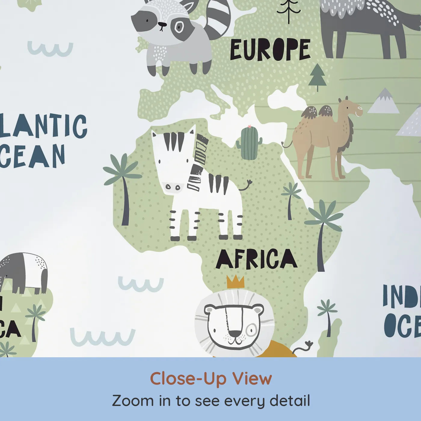 Close-up view of Whimsy Tots' Scandinavian Animal World Map Wall Mural (Turn Their Room into a Stylish, Modern Global Tour).Gender-Neutral