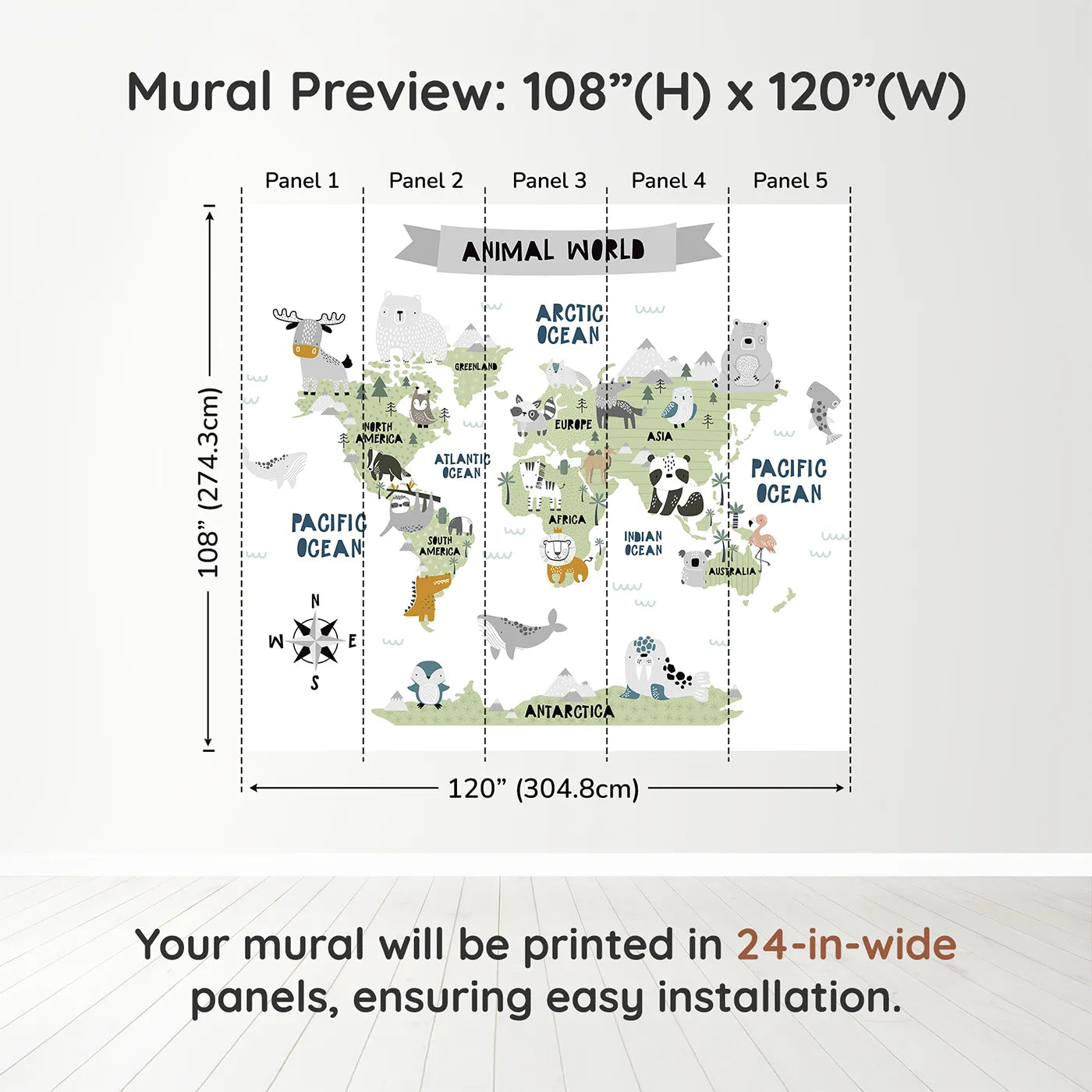 Whimsy Tots Scandinavian Animal World Map Wall Muraldimension view (108" H x 120" W). Printed in five 24-inch-wide panels. Gender-Neutral