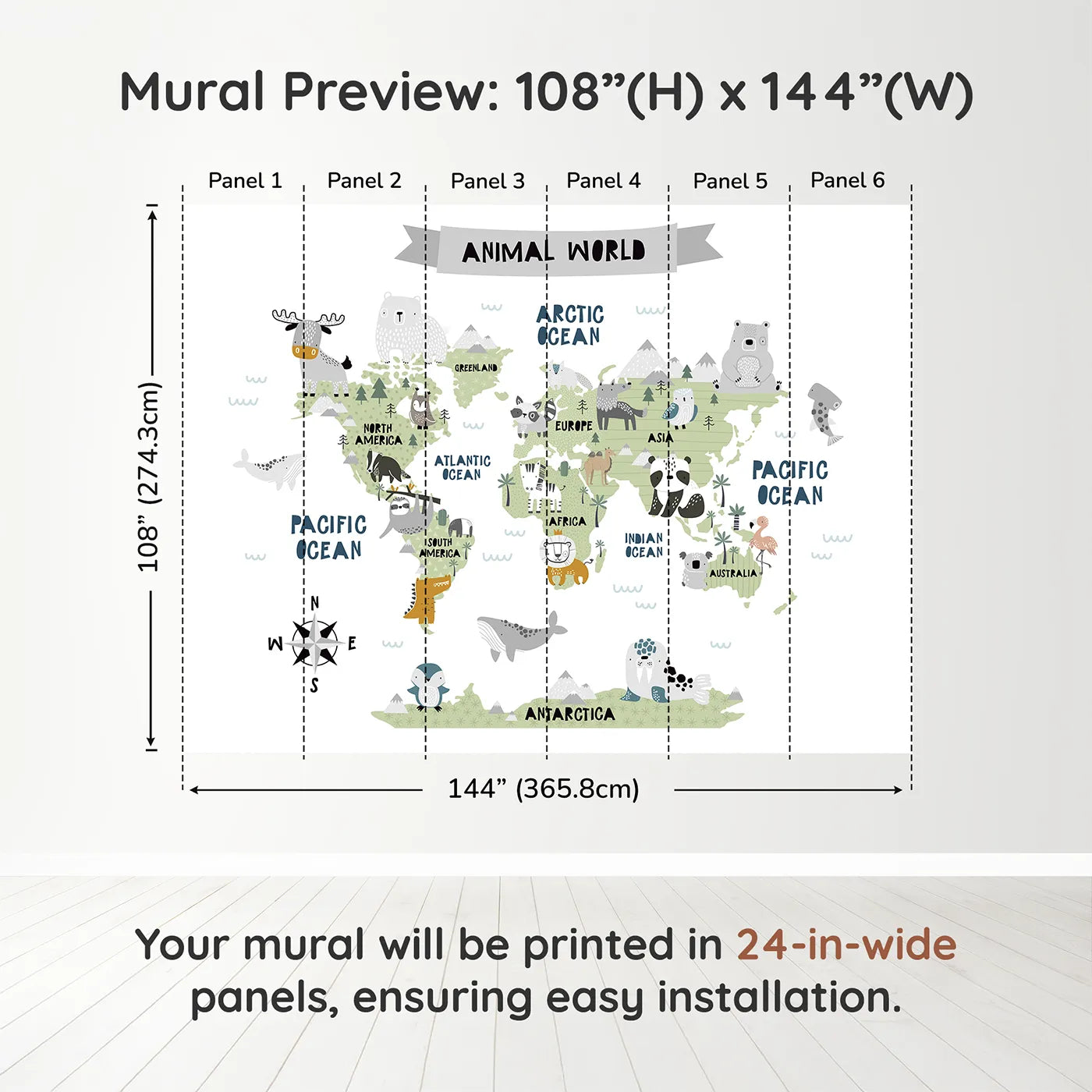 Whimsy Tots Scandinavian Animal World Map Wall Muraldimension view (108" H x 144" W). Printed in six 24-inch-wide panels. Gender-Neutral