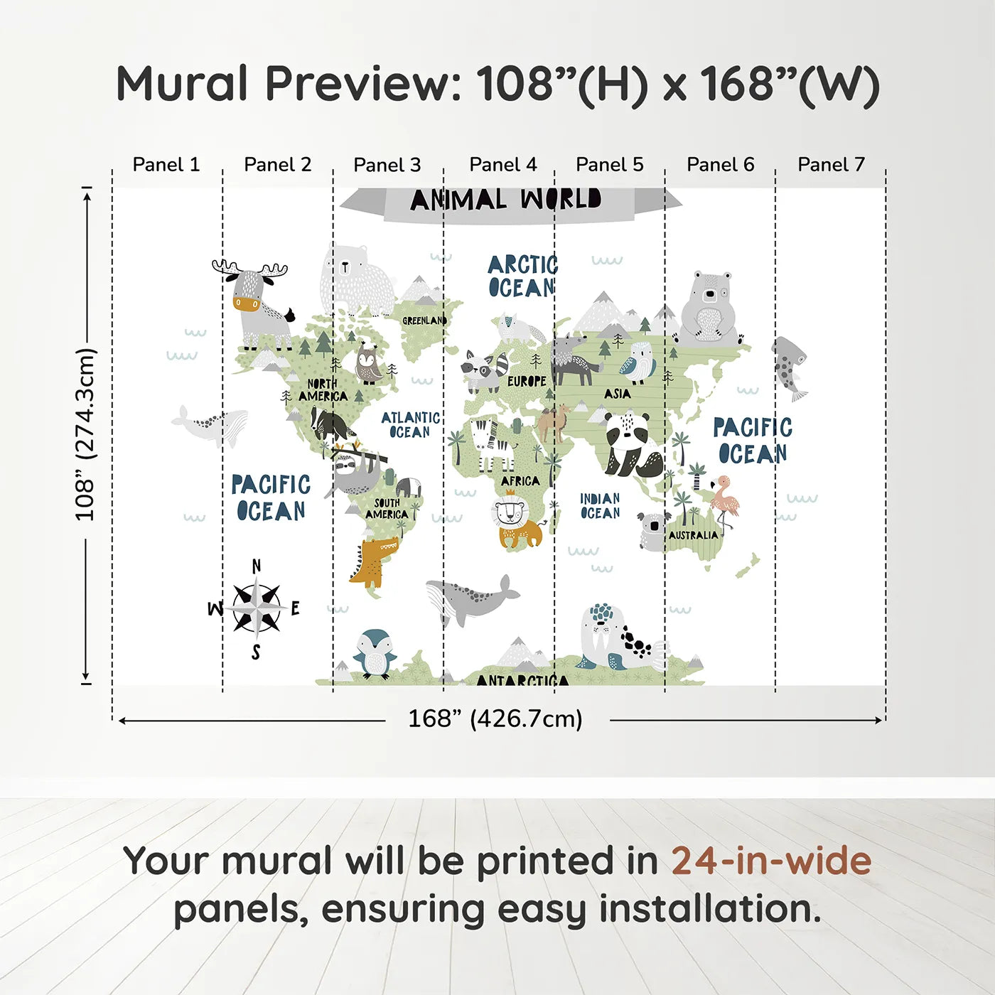 Whimsy Tots Scandinavian Animal World Map Wall Muraldimension view (108" H x 168" W). Printed in seven 24-inch-wide panels. Gender-Neutral