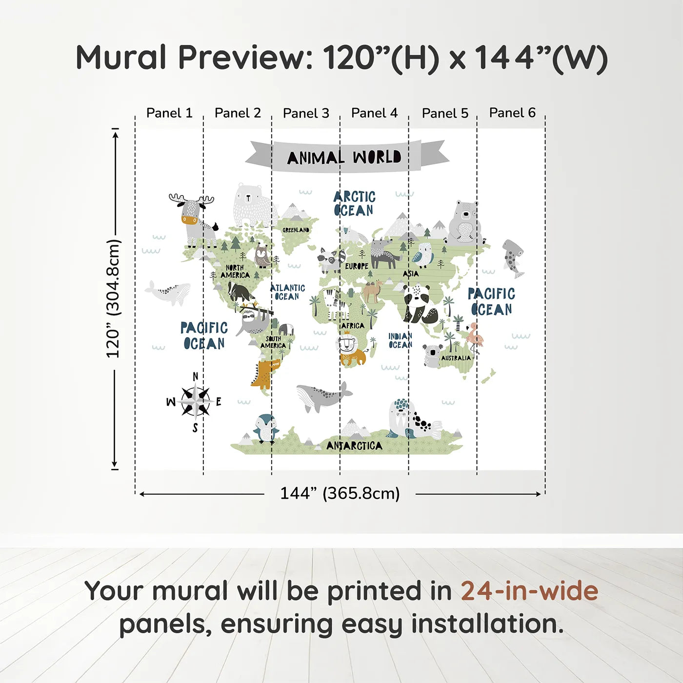 Whimsy Tots Scandinavian Animal World Map Wall Muraldimension view (120" H x 144" W). Printed in six 24-inch-wide panels. Gender-Neutral