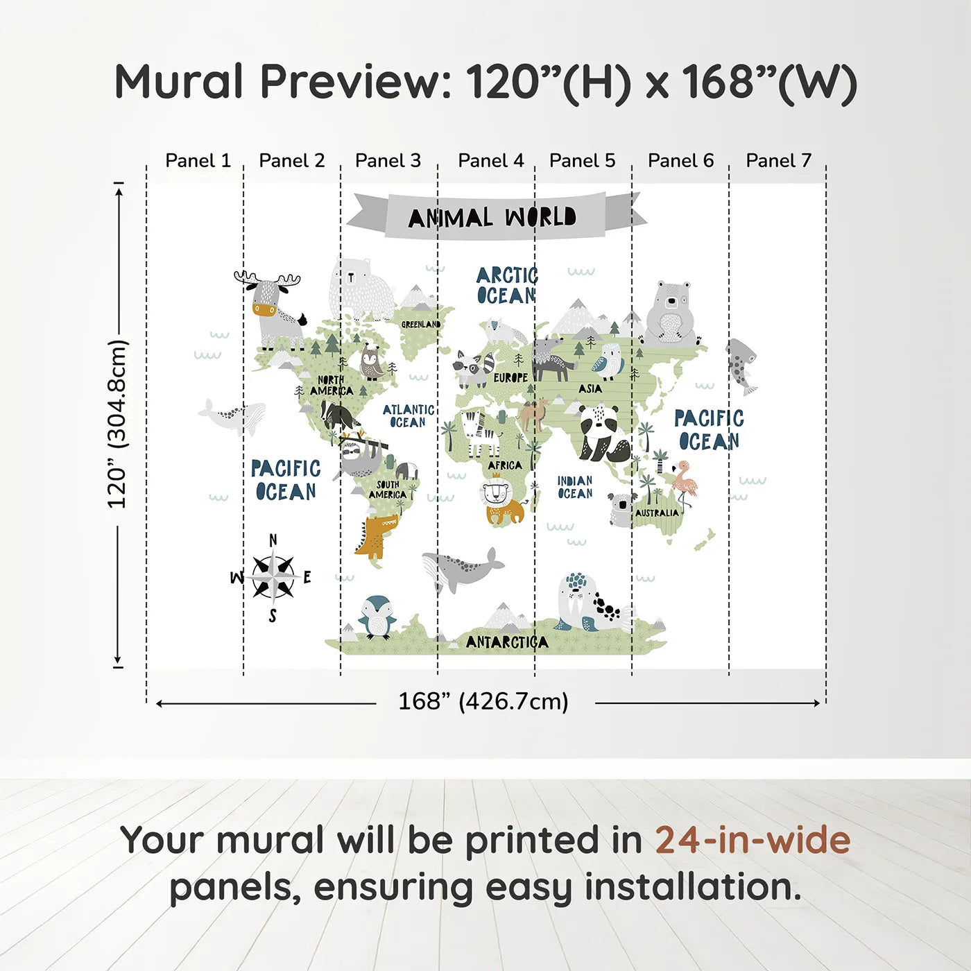 Whimsy Tots Scandinavian Animal World Map Wall Muraldimension view (120" H x 168" W). Printed in seven 24-inch-wide panels. Gender-Neutral
