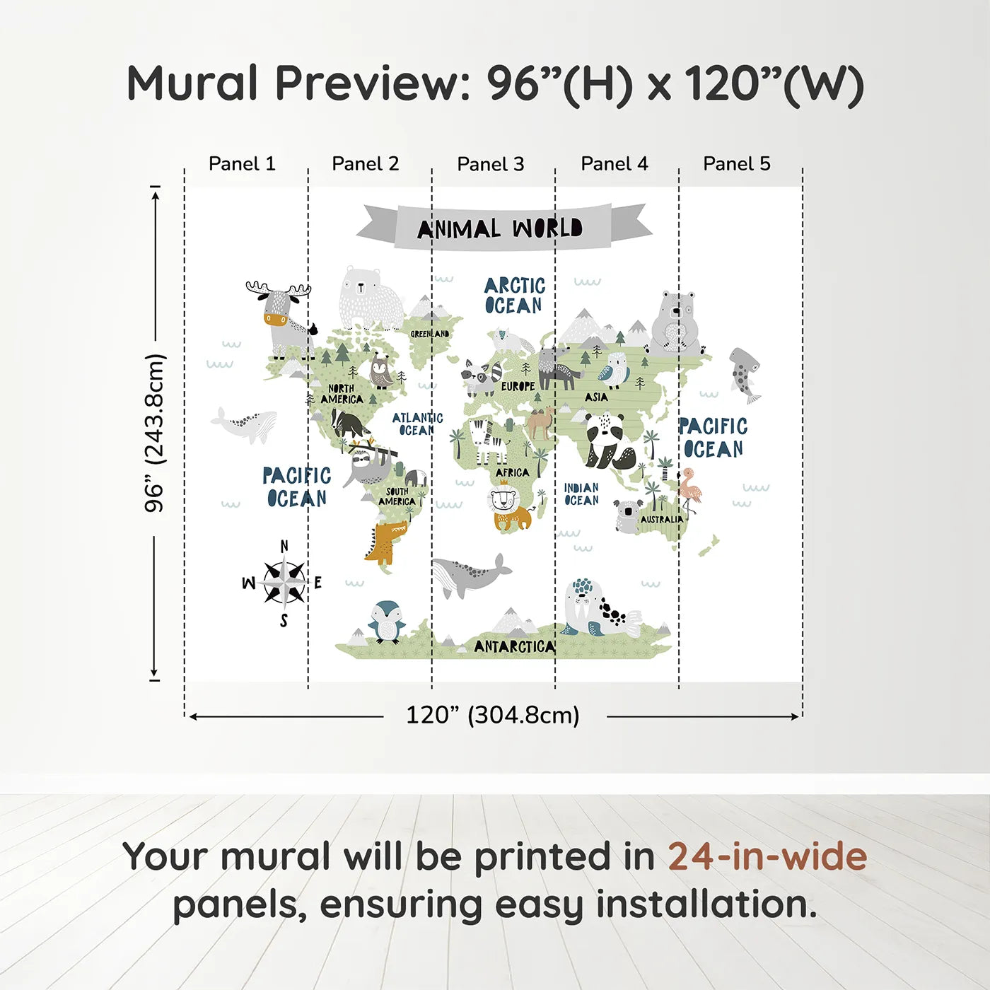 Whimsy Tots Scandinavian Animal World Map Wall Muraldimension view (96" H x 120" W). Printed in five 24-inch-wide panels. Gender-Neutral