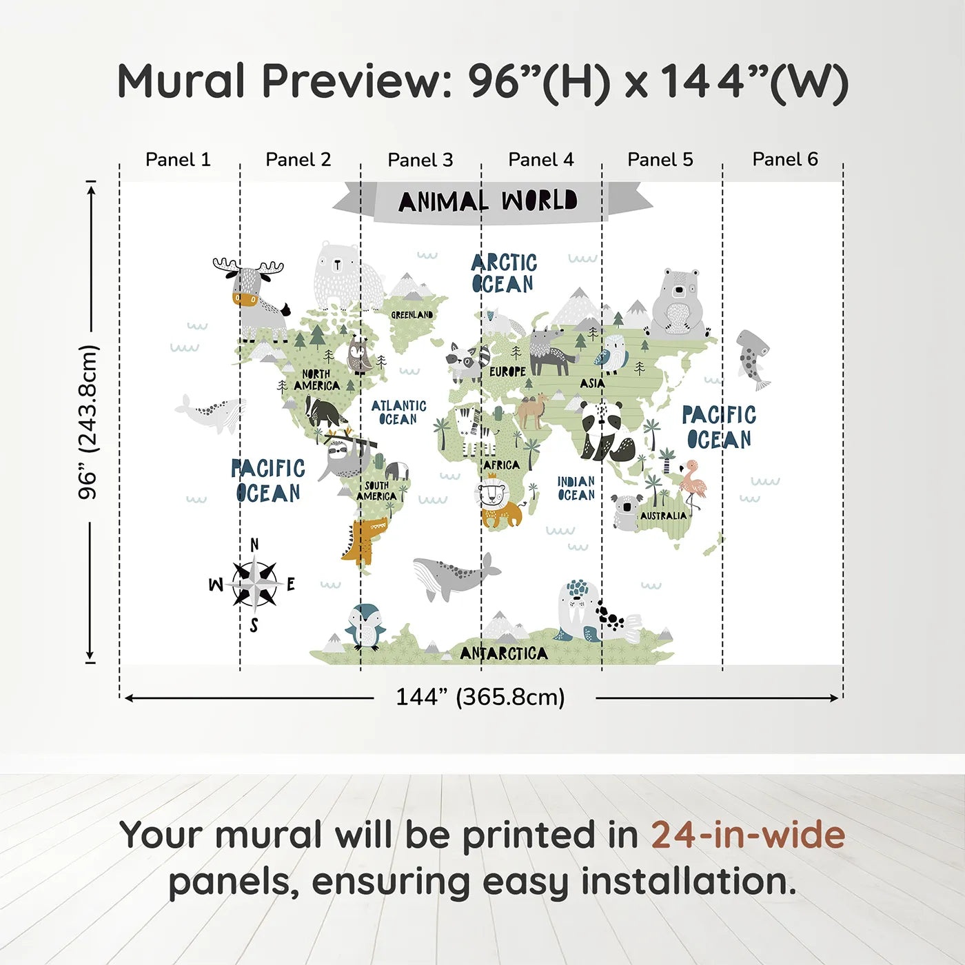 Whimsy Tots Scandinavian Animal World Map Wall Muraldimension view (96" H x 144" W). Printed in six 24-inch-wide panels. Gender-Neutral