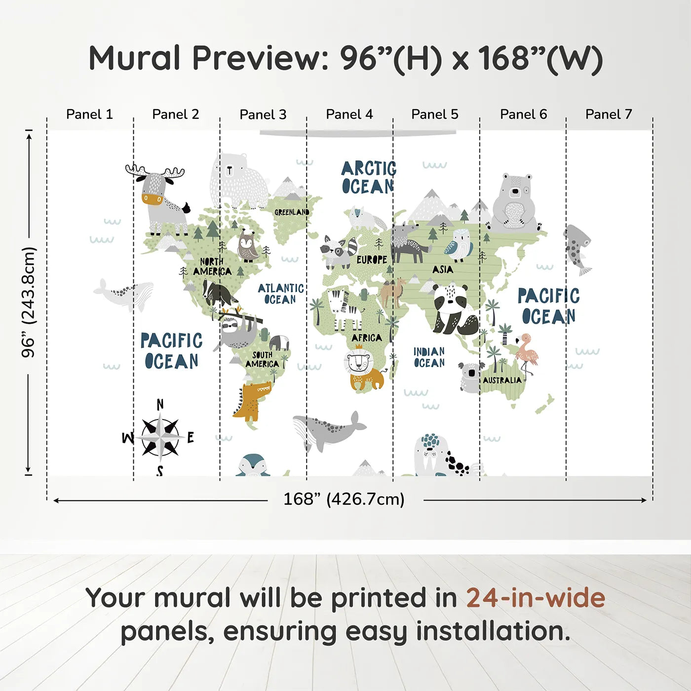 Whimsy Tots Scandinavian Animal World Map Wall Muraldimension view (96" H x 168" W). Printed in seven 24-inch-wide panels. Gender-Neutral