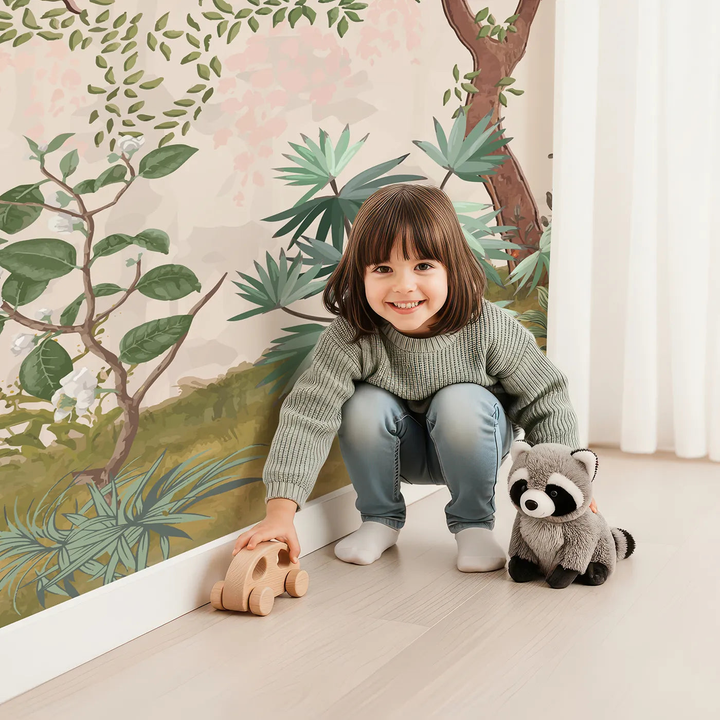 Child in front of Whimsy Tots Misty Jungle Garden Wall Mural in Green with jungle, tropical, mist, bird, forest, realistic, green, plant in design.