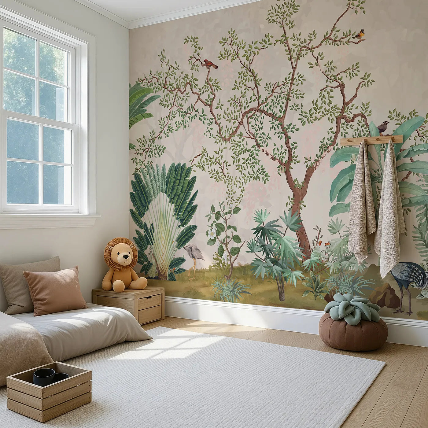 Angled view of Whimsy Tots' Misty Jungle Garden Wall Mural in Green (Turn Their Room into a Lush, Ethereal Paradise).Gender-Neutral