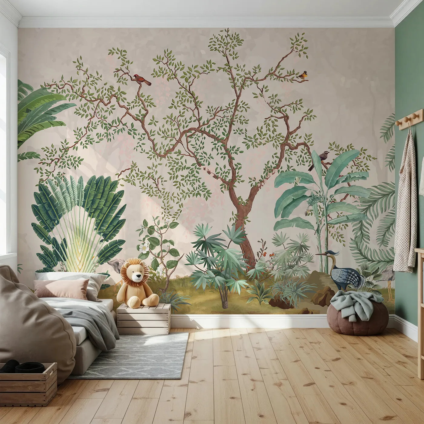 Front view of Whimsy Tots' Misty Jungle Garden Wall Mural in Green