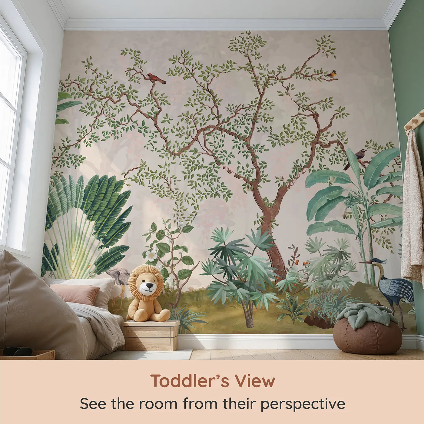 Whimsy Tots Misty Jungle Garden Wall Mural in Green (Turn Their Room into a Lush, Ethereal Paradise) from your child's view.Gender-Neutral