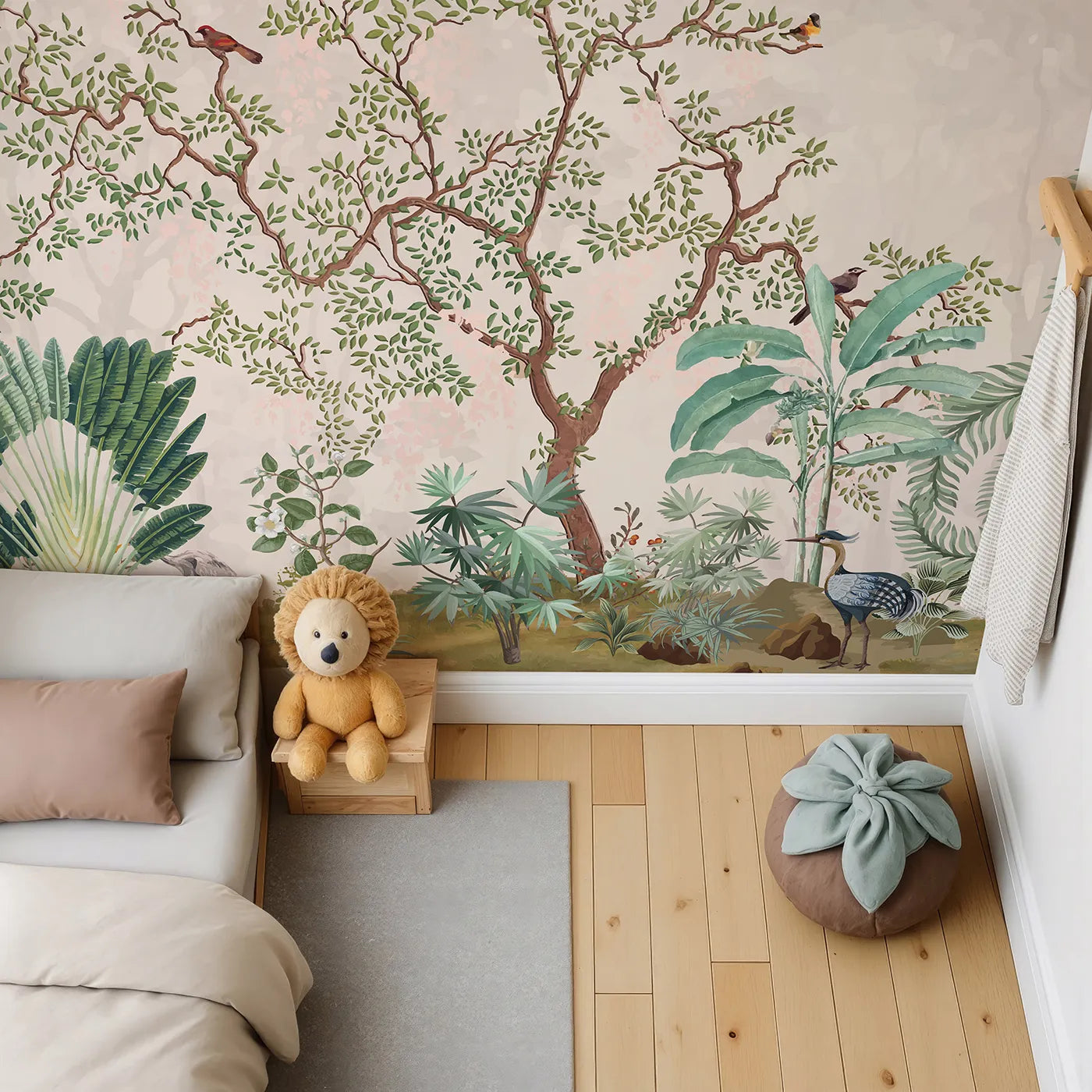 Top-down view of Whimsy Tots' Misty Jungle Garden Wall Mural in Green (Turn Their Room into a Lush, Ethereal Paradise).Gender-Neutral