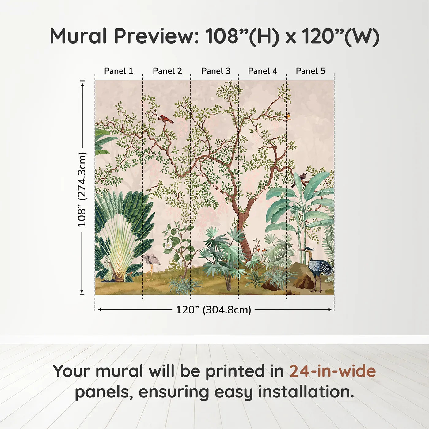 Whimsy Tots Misty Jungle Garden Wall Mural in Greendimension view (108" H x 120" W). Printed in five 24-inch-wide panels. Gender-Neutral