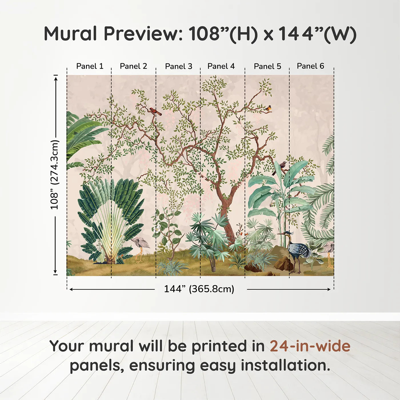 Whimsy Tots Misty Jungle Garden Wall Mural in Greendimension view (108" H x 144" W). Printed in six 24-inch-wide panels. Gender-Neutral