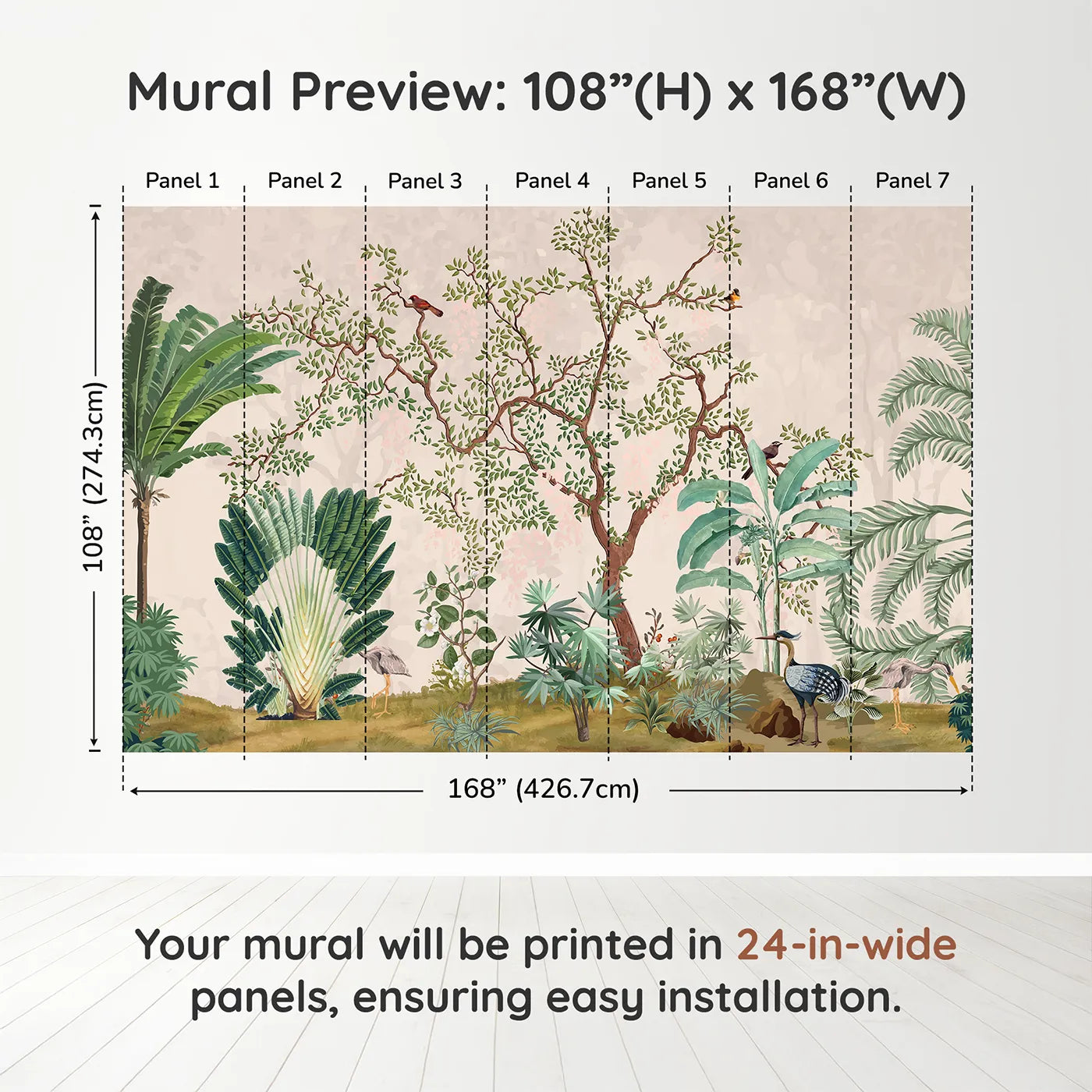 Whimsy Tots Misty Jungle Garden Wall Mural in Greendimension view (108" H x 168" W). Printed in seven 24-inch-wide panels. Gender-Neutral
