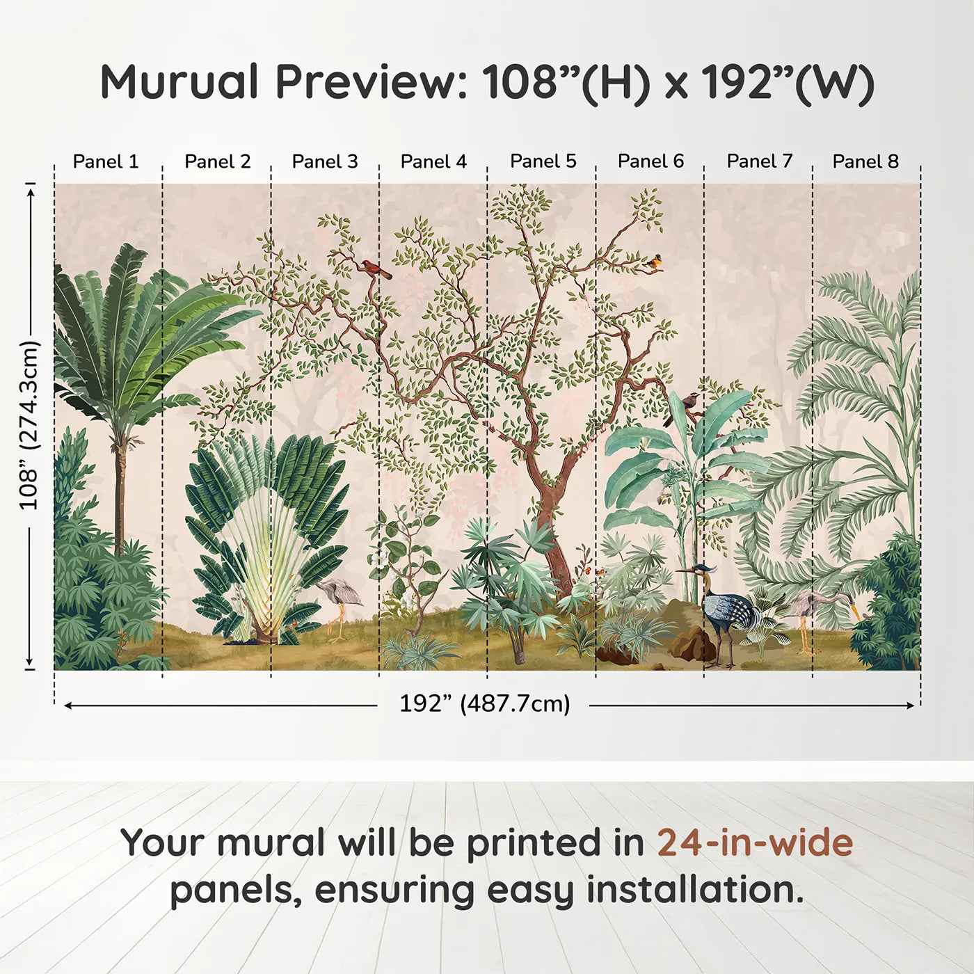 Whimsy Tots Misty Jungle Garden Wall Mural in Greendimension view (108" H x 192" W). Printed in eight 24-inch-wide panels. Gender-Neutral