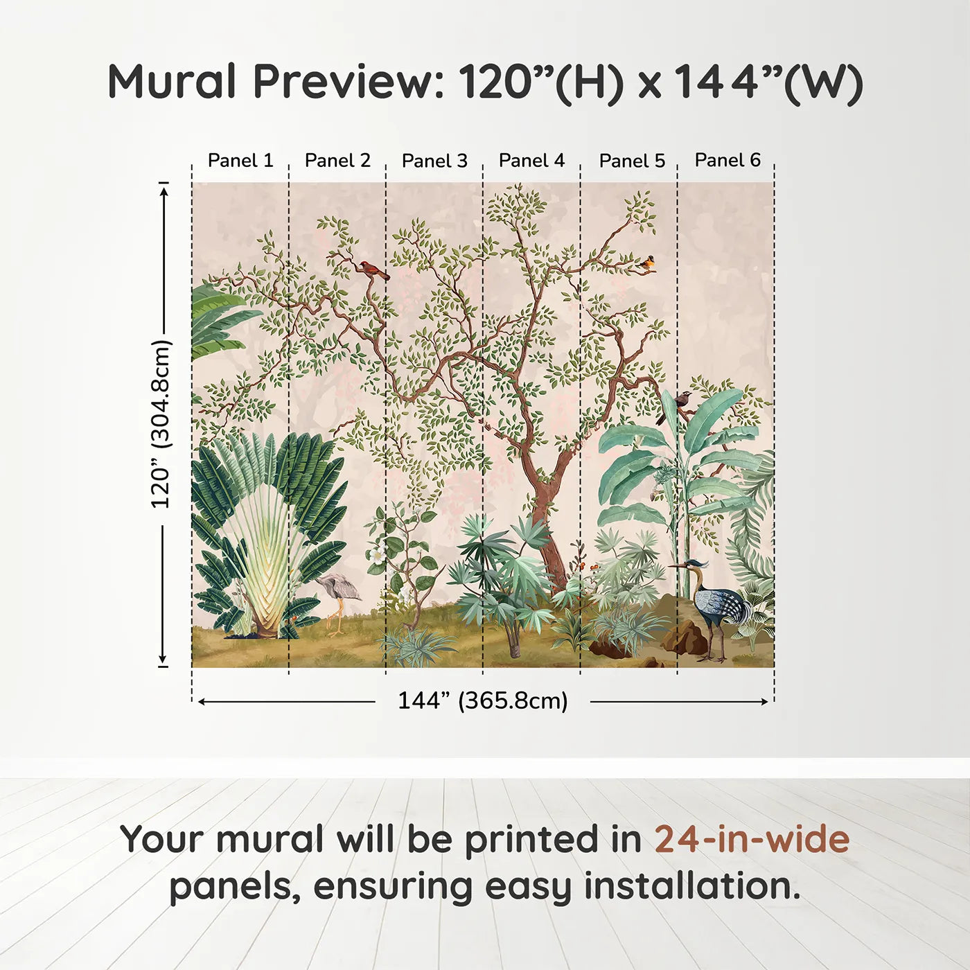 Whimsy Tots Misty Jungle Garden Wall Mural in Greendimension view (120" H x 144" W). Printed in six 24-inch-wide panels. Gender-Neutral