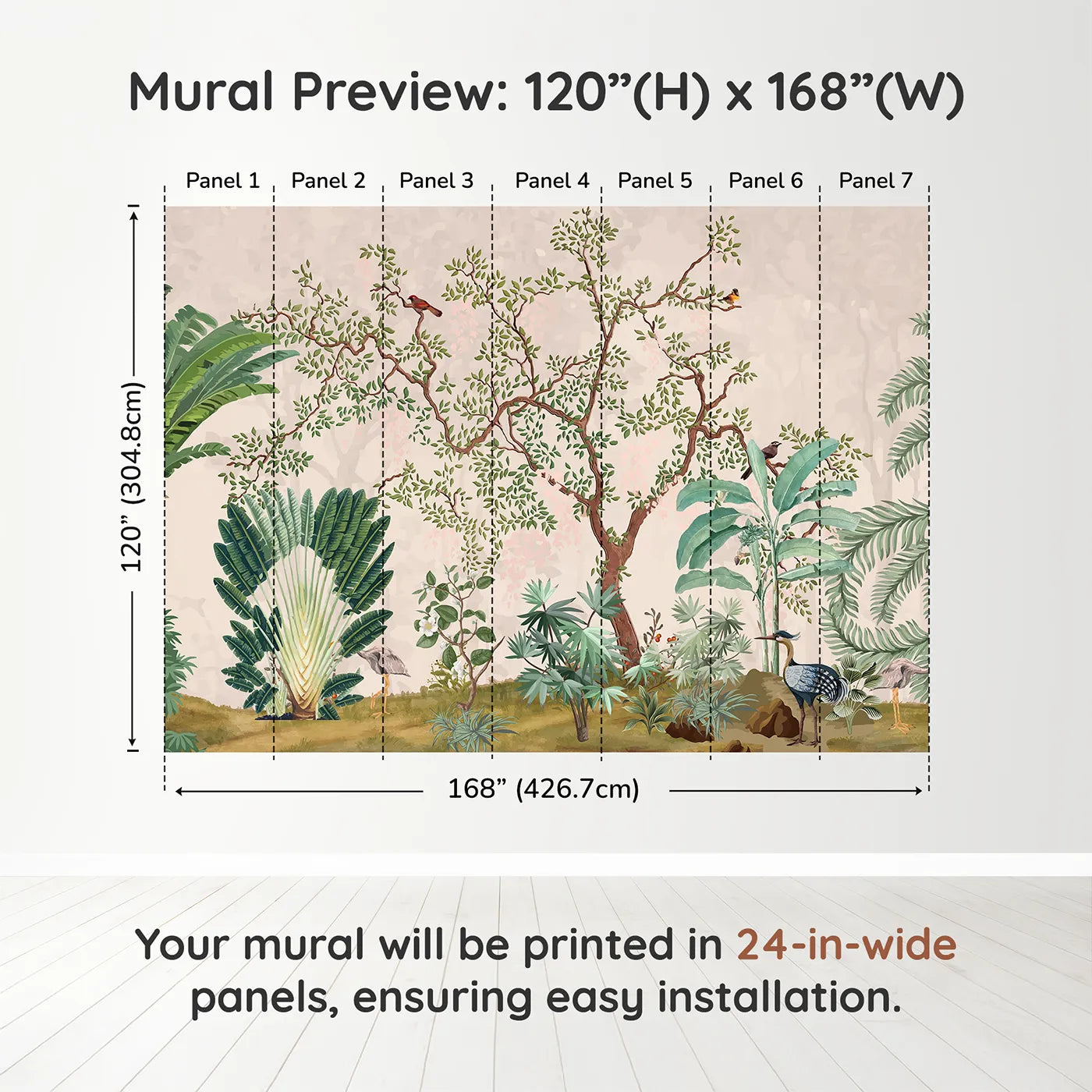 Whimsy Tots Misty Jungle Garden Wall Mural in Greendimension view (120" H x 168" W). Printed in seven 24-inch-wide panels. Gender-Neutral