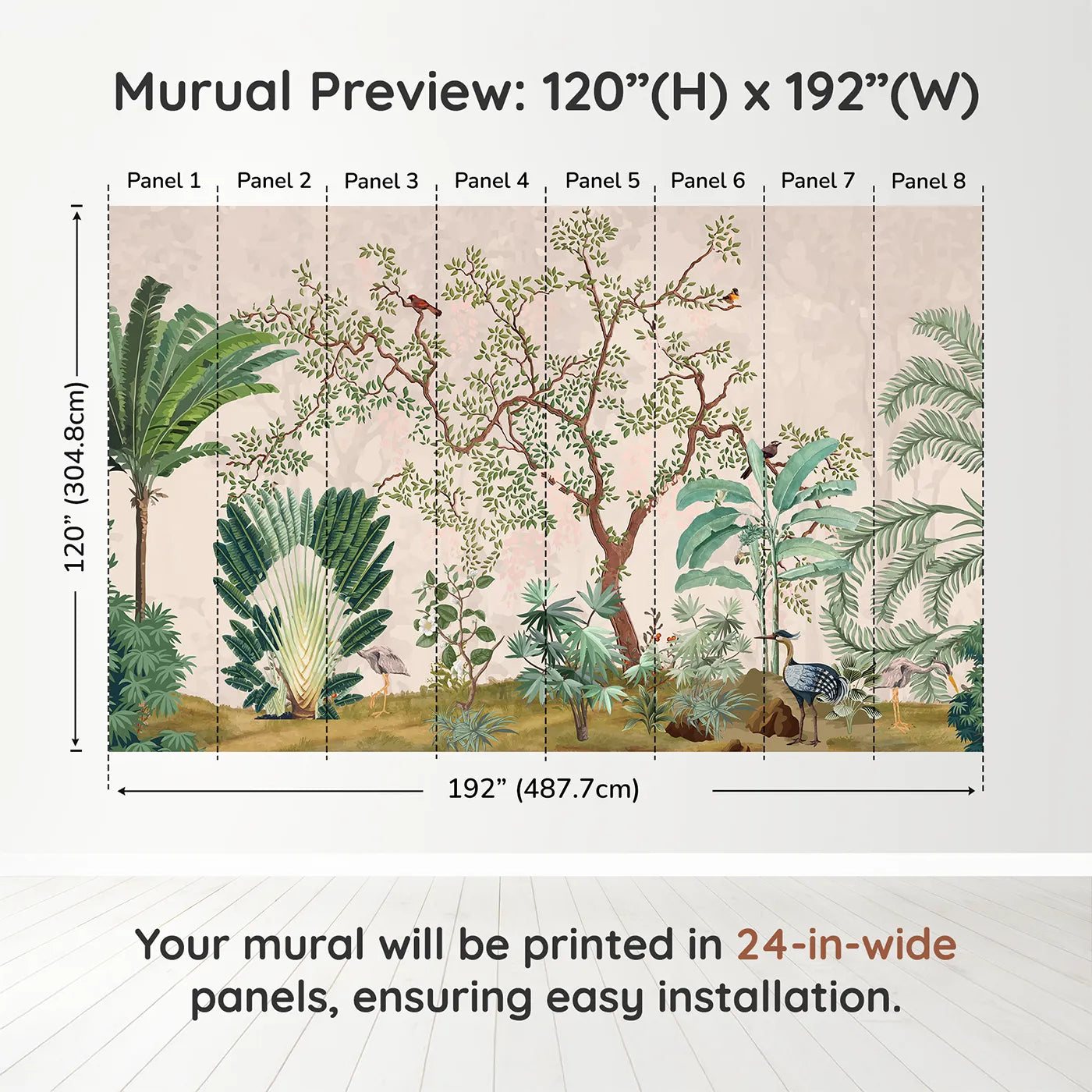 Whimsy Tots Misty Jungle Garden Wall Mural in Greendimension view (120" H x 192" W). Printed in eight 24-inch-wide panels. Gender-Neutral