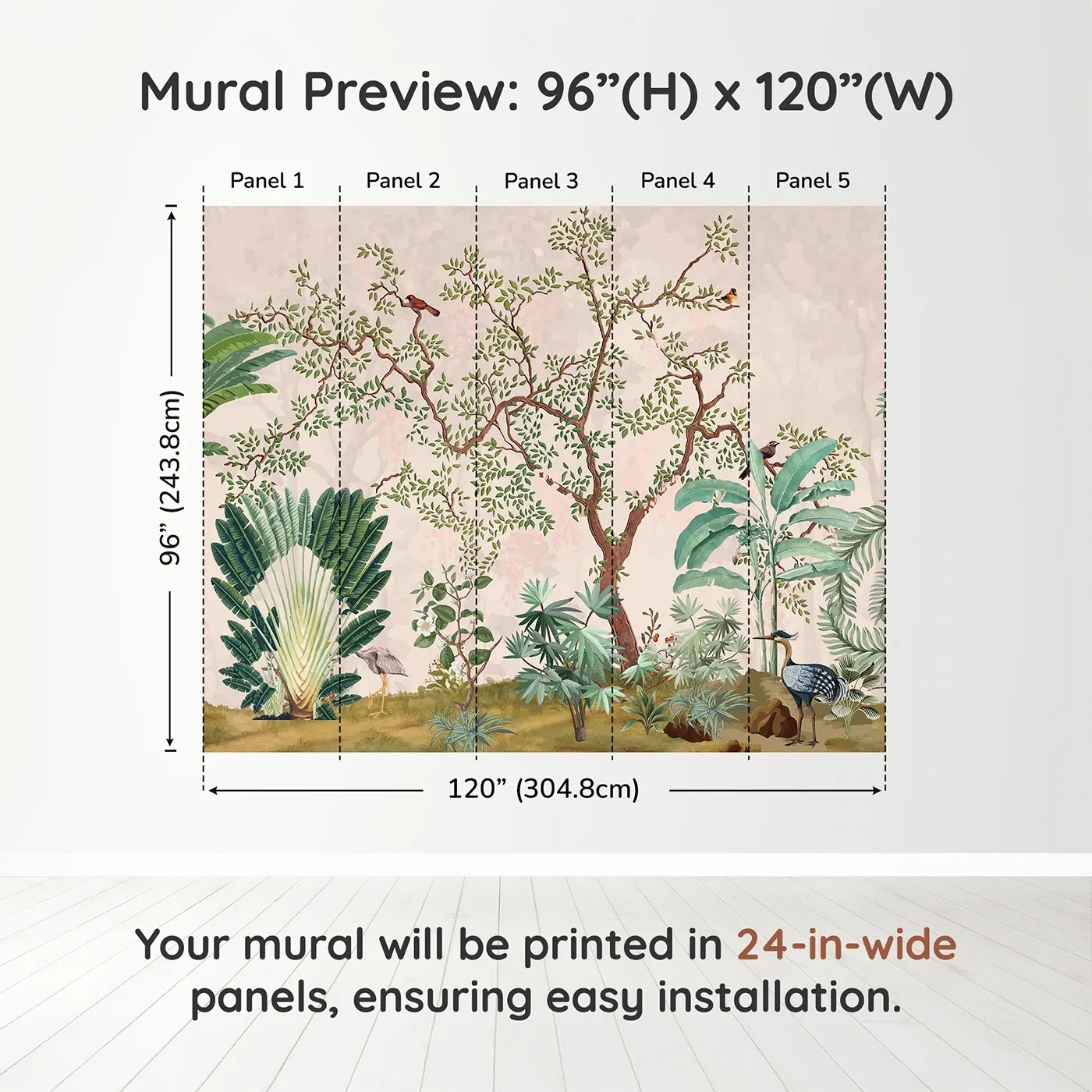 Whimsy Tots Misty Jungle Garden Wall Mural in Greendimension view (96" H x 120" W). Printed in five 24-inch-wide panels. Gender-Neutral