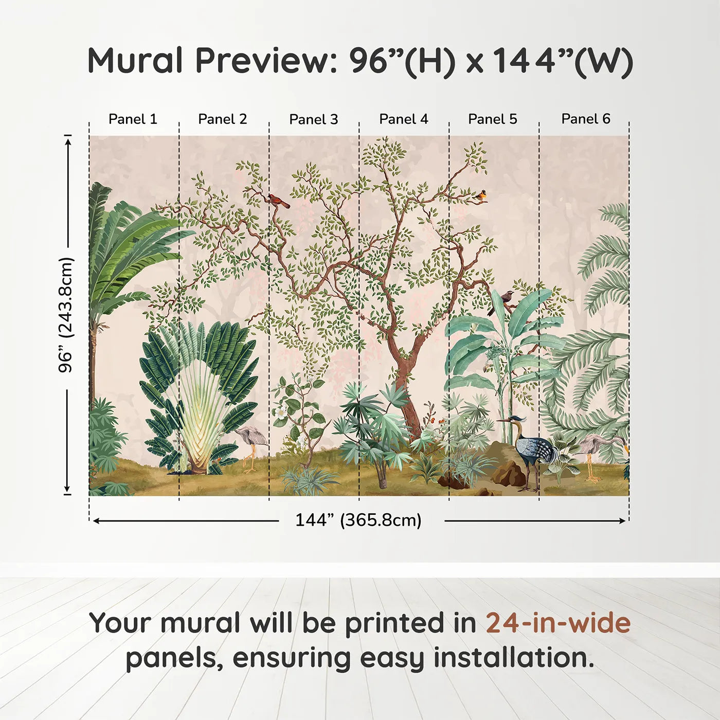 Whimsy Tots Misty Jungle Garden Wall Mural in Greendimension view (96" H x 144" W). Printed in six 24-inch-wide panels. Gender-Neutral