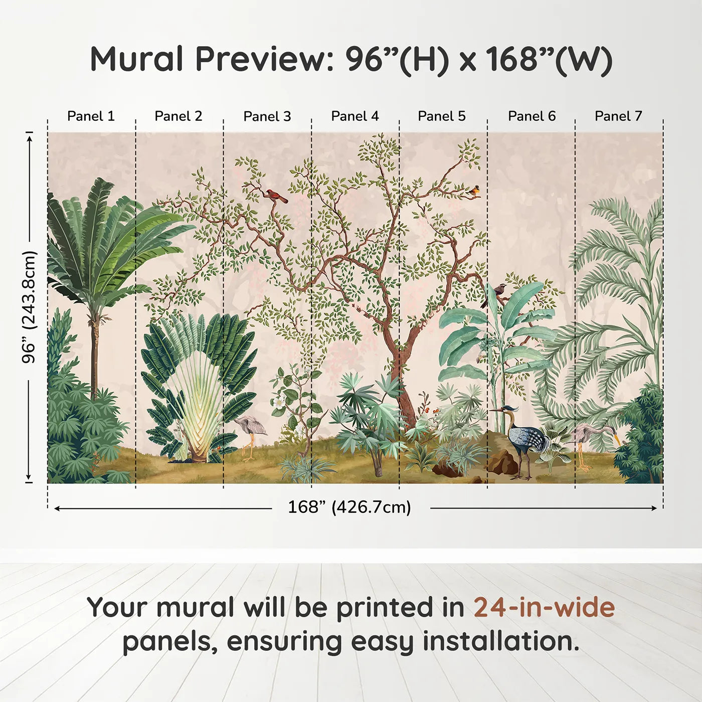 Whimsy Tots Misty Jungle Garden Wall Mural in Greendimension view (96" H x 168" W). Printed in seven 24-inch-wide panels. Gender-Neutral