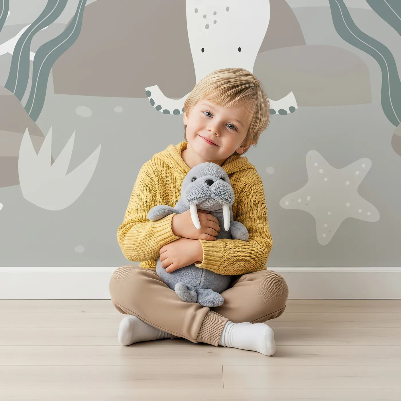 Child in front of Whimsy Tots Misty Ocean Friends Wall Mural with ocean, sea, abstract, minimalist, green, gray, underwater, modern in design.