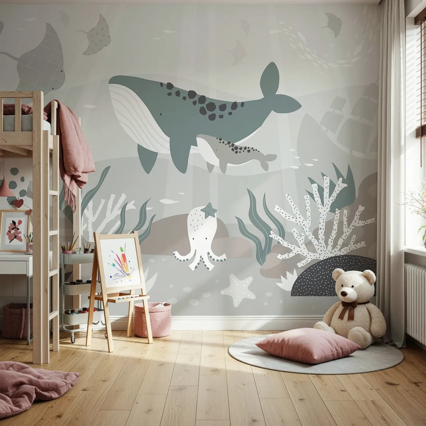 Front view of Whimsy Tots' Misty Ocean Friends Wall Mural
