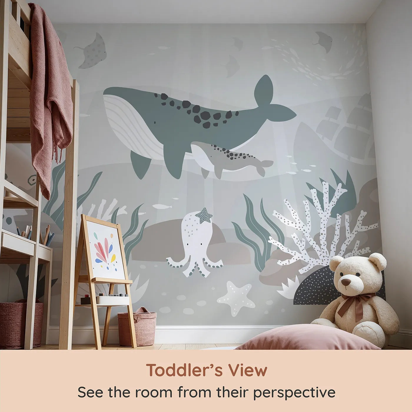 Whimsy Tots Misty Ocean Friends Wall Mural (Turn Their Room into a Gentle, Underwater Dreamscape) from your child's view.Gender-Neutral