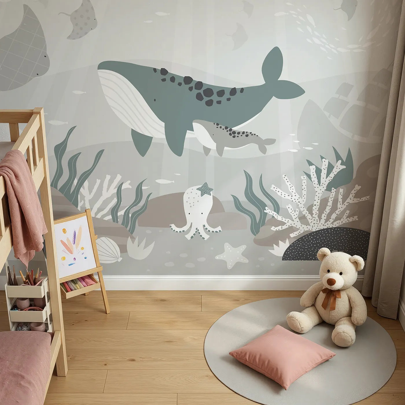 Top-down view of Whimsy Tots' Misty Ocean Friends Wall Mural (Turn Their Room into a Gentle, Underwater Dreamscape).Gender-Neutral