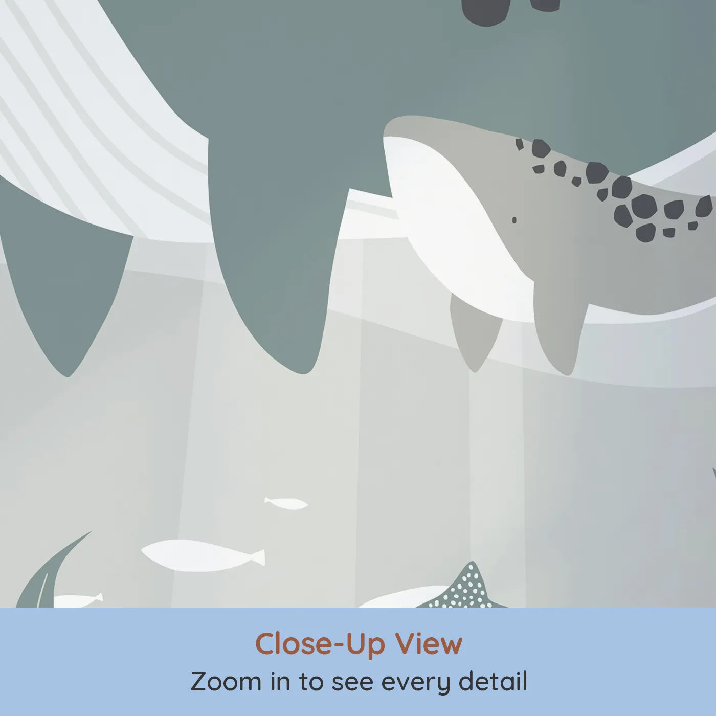Close-up view of Whimsy Tots' Misty Ocean Friends Wall Mural (Turn Their Room into a Gentle, Underwater Dreamscape).Gender-Neutral