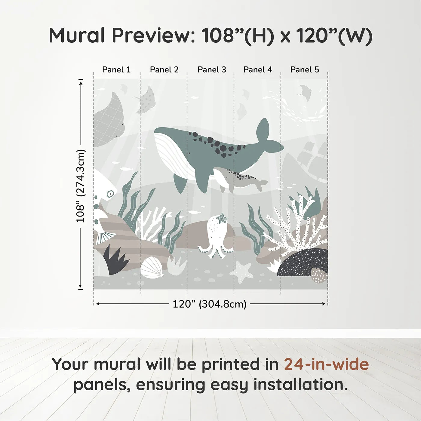 Whimsy Tots Misty Ocean Friends Wall Muraldimension view (108" H x 120" W). Printed in five 24-inch-wide panels. Gender-Neutral