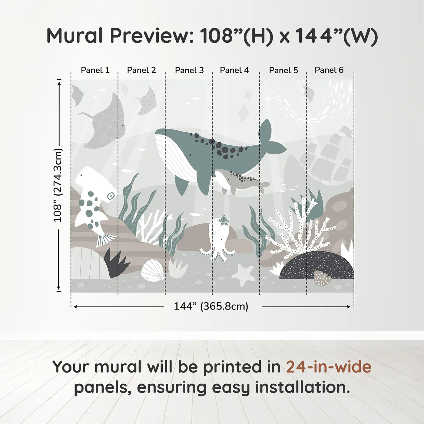 Whimsy Tots Misty Ocean Friends Wall Muraldimension view (108" H x 144" W). Printed in six 24-inch-wide panels. Gender-Neutral