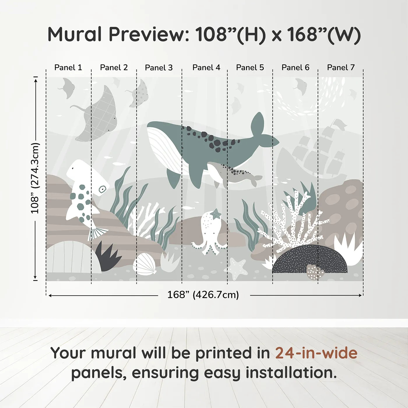 Whimsy Tots Misty Ocean Friends Wall Muraldimension view (108" H x 168" W). Printed in seven 24-inch-wide panels. Gender-Neutral