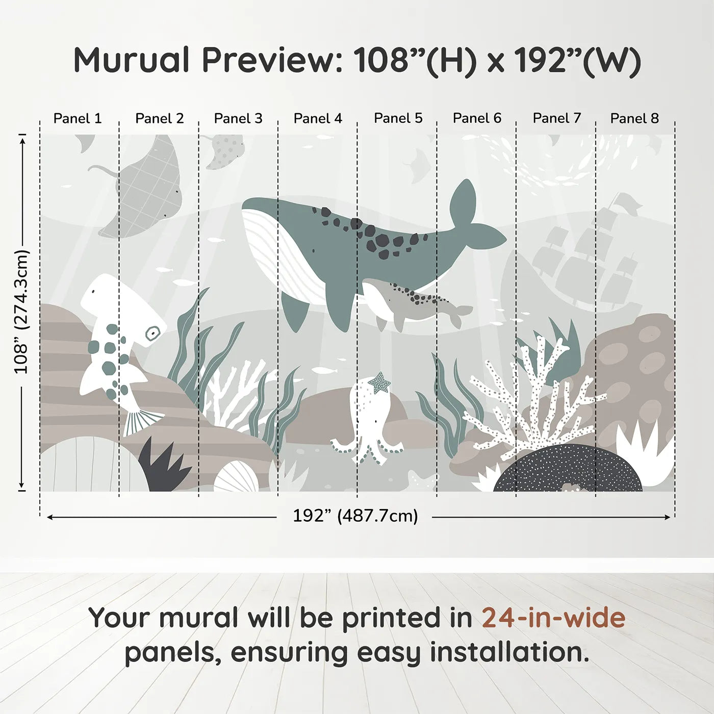 Whimsy Tots Misty Ocean Friends Wall Muraldimension view (108" H x 192" W). Printed in eight 24-inch-wide panels. Gender-Neutral