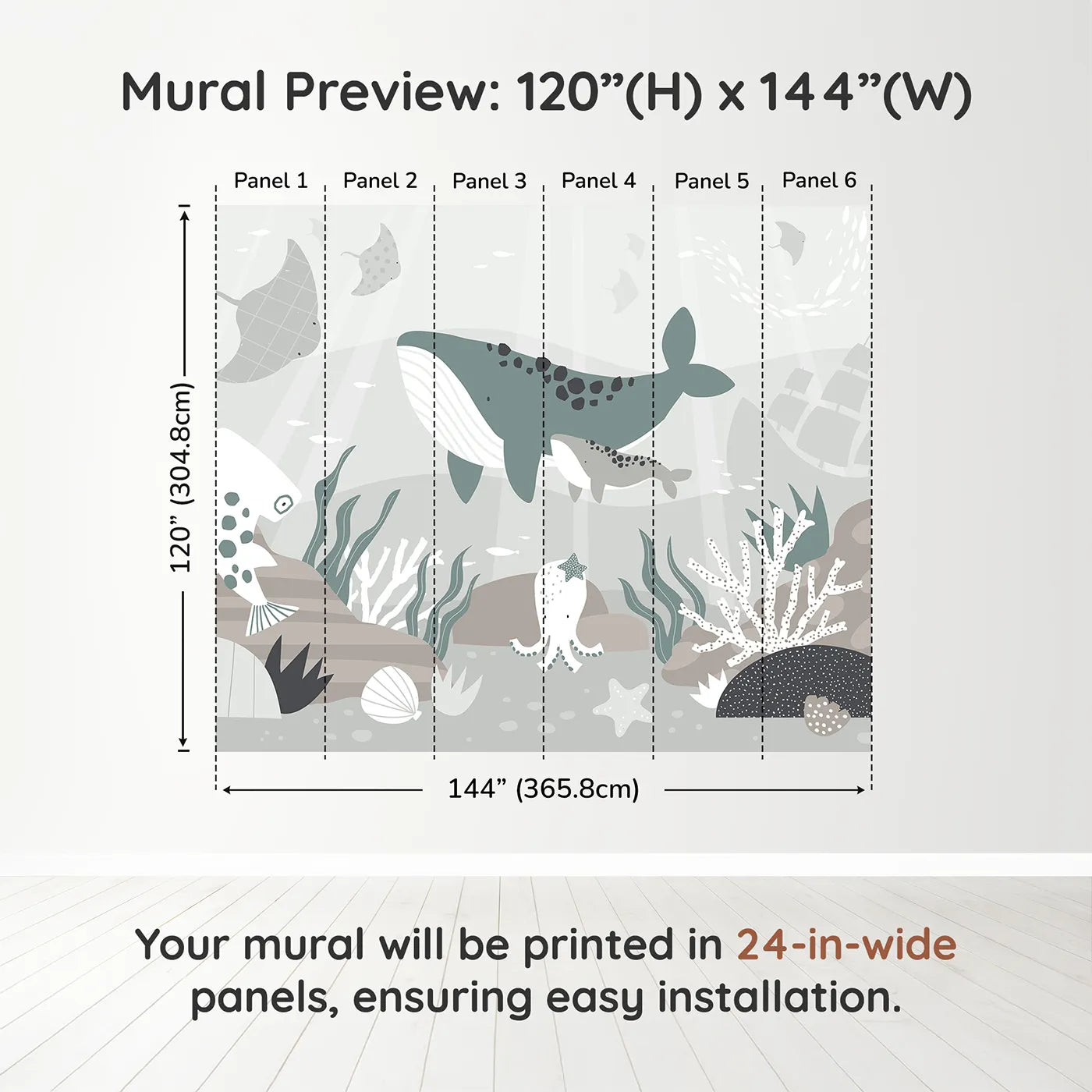 Whimsy Tots Misty Ocean Friends Wall Muraldimension view (120" H x 144" W). Printed in six 24-inch-wide panels. Gender-Neutral