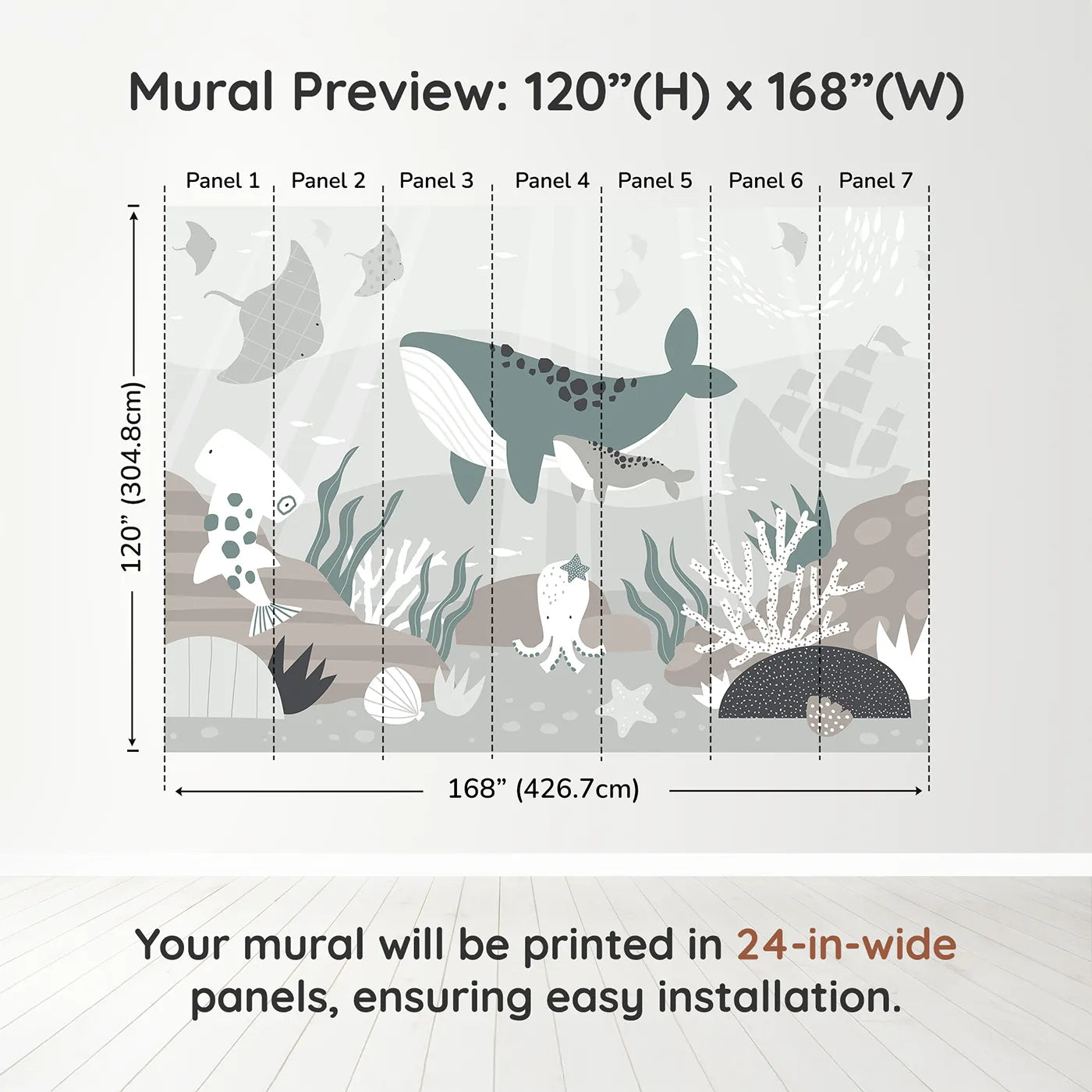 Whimsy Tots Misty Ocean Friends Wall Muraldimension view (120" H x 168" W). Printed in seven 24-inch-wide panels. Gender-Neutral