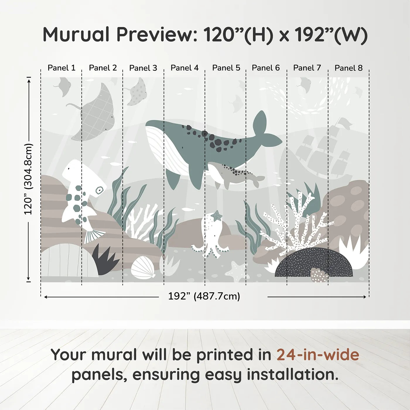 Whimsy Tots Misty Ocean Friends Wall Muraldimension view (120" H x 192" W). Printed in eight 24-inch-wide panels. Gender-Neutral