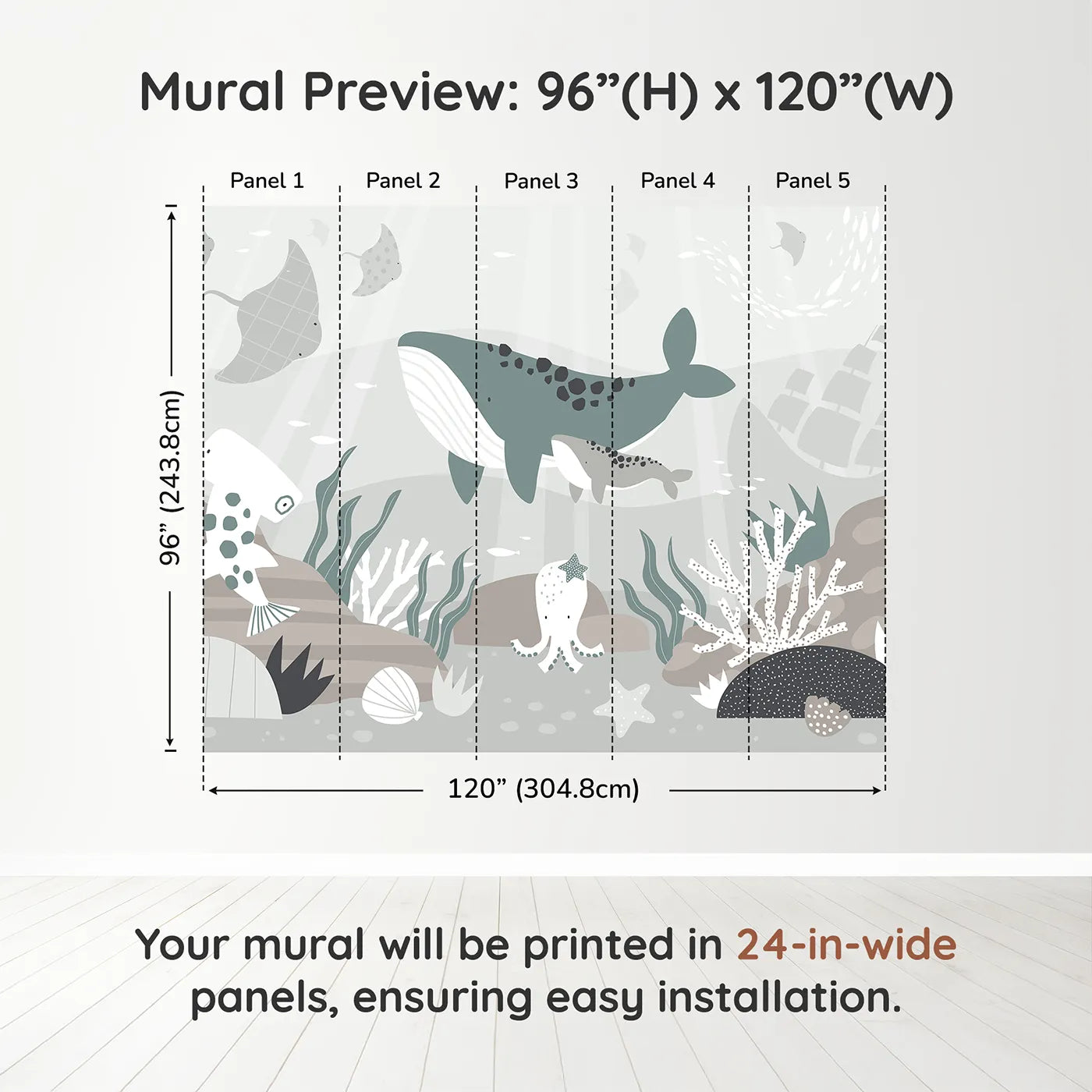 Whimsy Tots Misty Ocean Friends Wall Muraldimension view (96" H x 120" W). Printed in five 24-inch-wide panels. Gender-Neutral