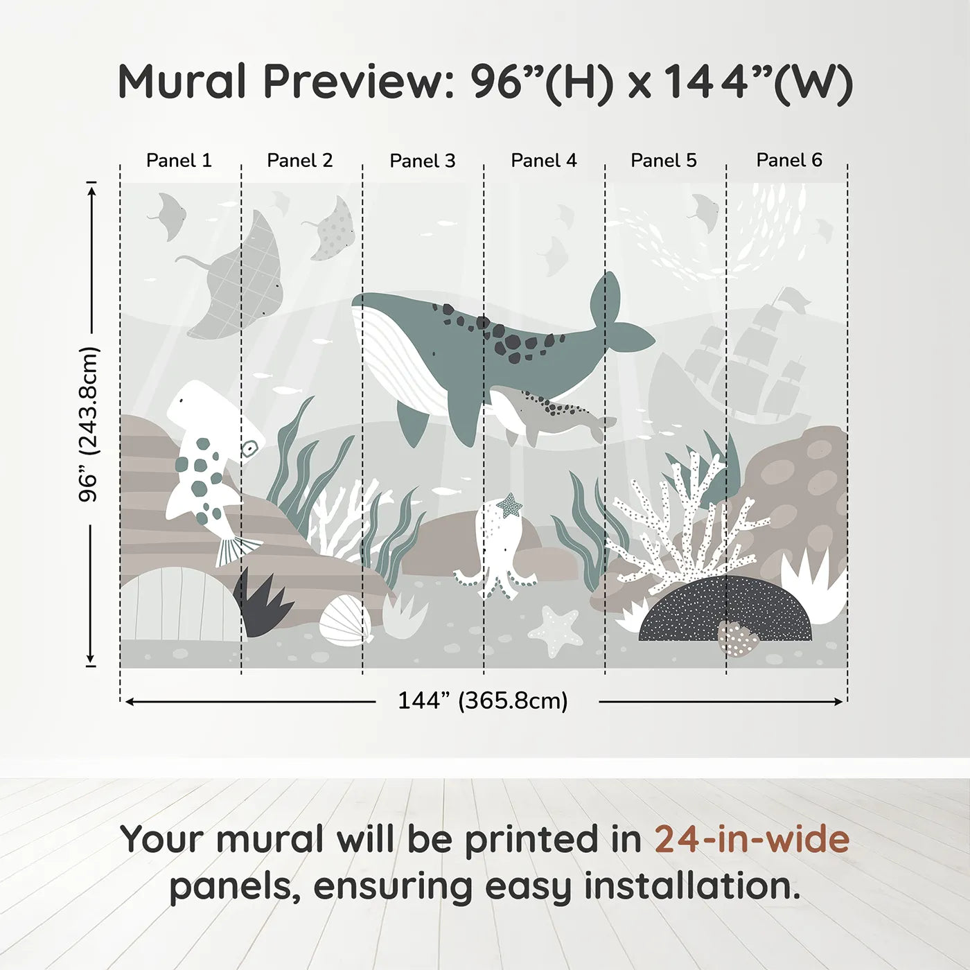 Whimsy Tots Misty Ocean Friends Wall Muraldimension view (96" H x 144" W). Printed in six 24-inch-wide panels. Gender-Neutral