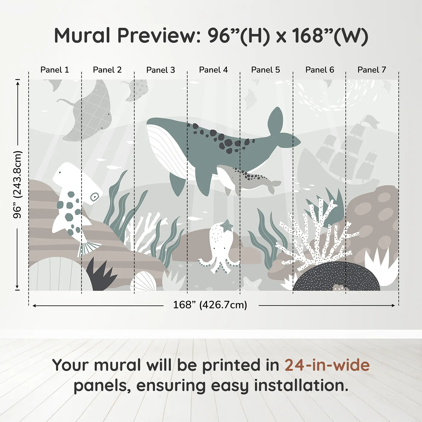 Whimsy Tots Misty Ocean Friends Wall Muraldimension view (96" H x 168" W). Printed in seven 24-inch-wide panels. Gender-Neutral