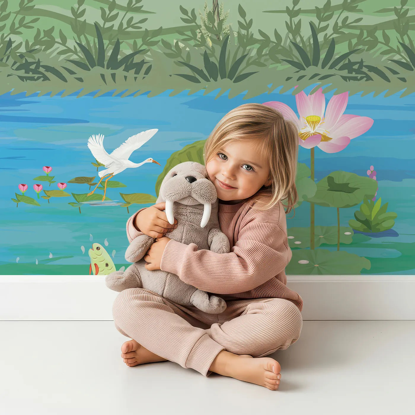 Child in front of Whimsy Tots Lotus Pond Wall Mural with chinoiserie, vintage, floral, bird, exotic, tropical, classic, garden in design.